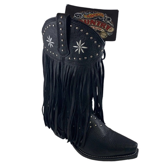 Rockin Country Collection Shoes - Rockin Country Black Leather Boots Studded with Long Fringe Women 7.5M